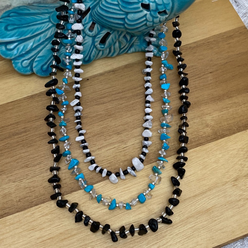 New Handcrafted 3 Strand Layered Turquoise Howlite Obsidian Gemstone Necklace